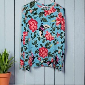 Leota Long Sleeve Blue Floral Blouse with Red and Green Accents